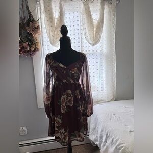 Guess Burgundy Floral Long Sleeve Dress
